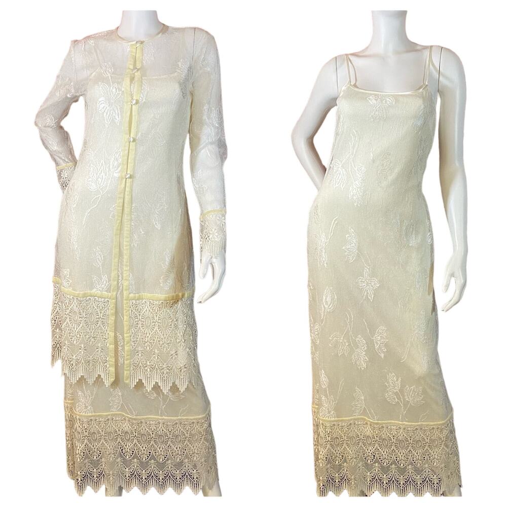 90s Sue Wong Lace Maxi Dress Set | Deadstock Crochet Formal Small